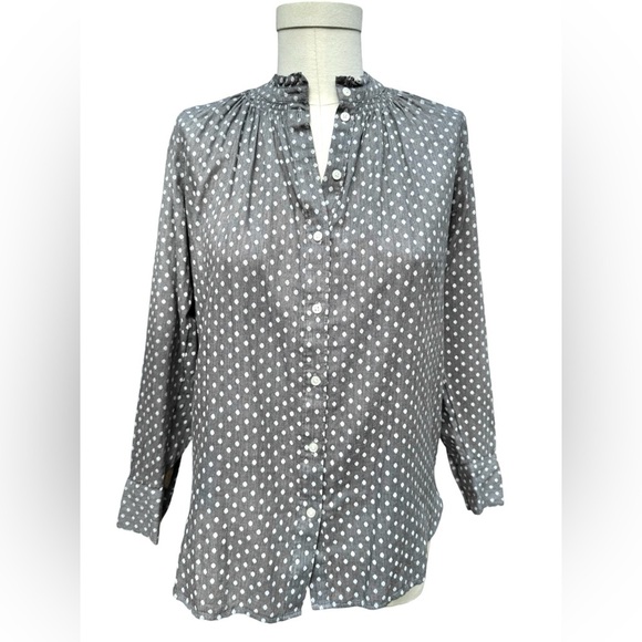 NWT LOFT Petite Small Dotted Ruffle Collar Long Sleeve Button Down Blouse, gray - Picture 8 of 14